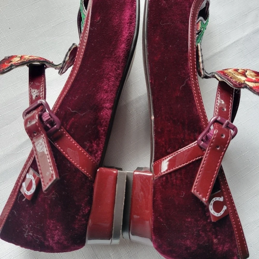 Miss L Fire Floral  Velvet Embroidered  Burgundy Mary Jane Shoes Size 6.5